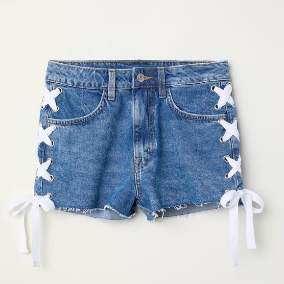 H&M HIGH-WAISTED LACE UP DENIM SHORTS - Picture 1 of 8